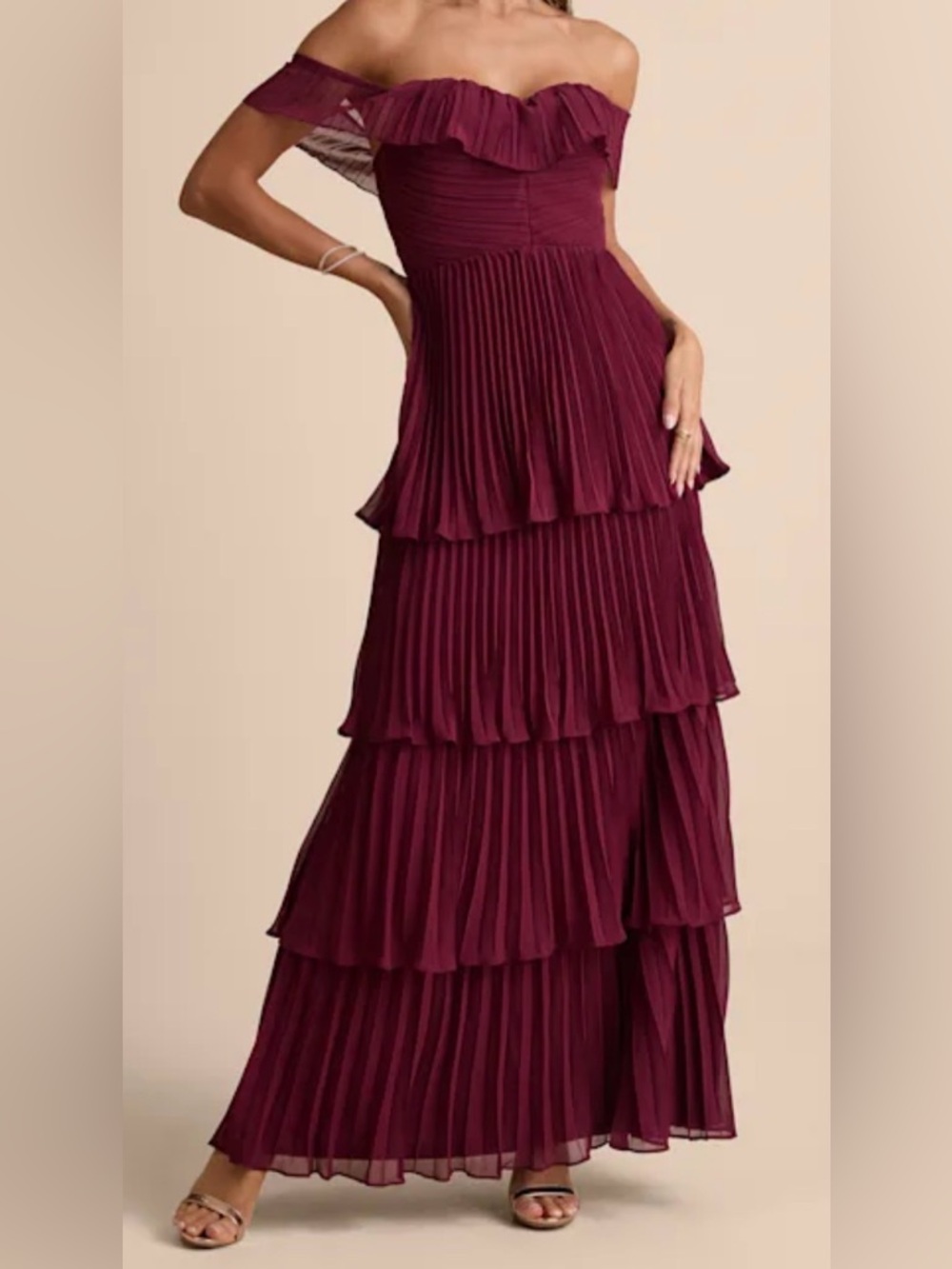 Lulu's Off-Shoulder Tiered Pleated Maxi in Burgundy